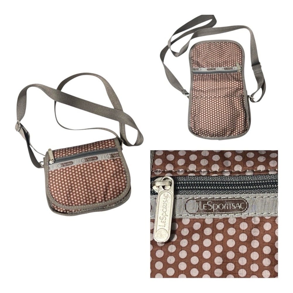 LeSportsac Sasha Mini Messenger Flap Crossbody Bag Brown Polka Dot Vintage Y2K